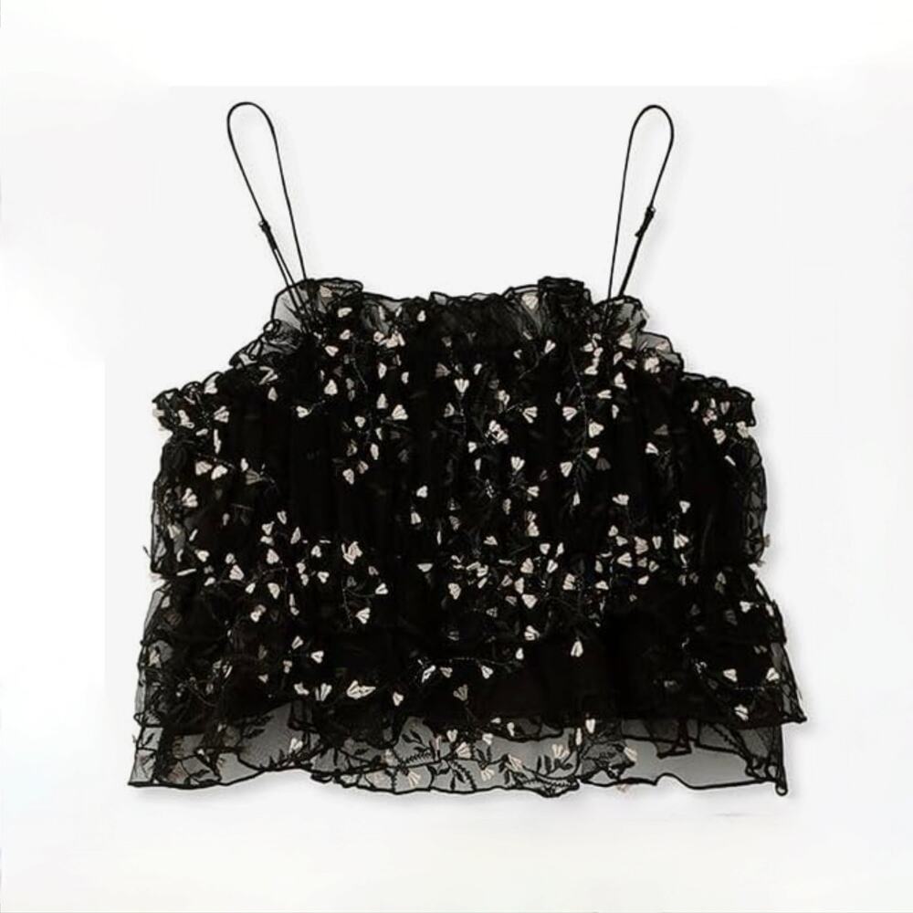 SNIDEL Short Tulle Camisole - Cami - Black with Cream Embroidery - Size XS